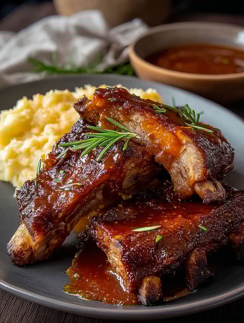 A plate of ribs with sauce on it.