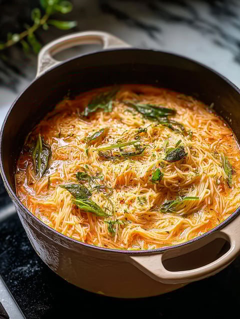A pot of soup with noodles and vegetables.