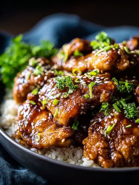 A plate of chicken thighs with rice and garnish.