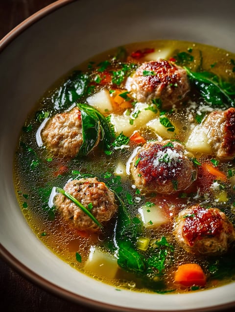 A bowl of soup with meatballs and greens.