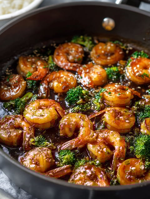 A pan of shrimp with garlic and honey.