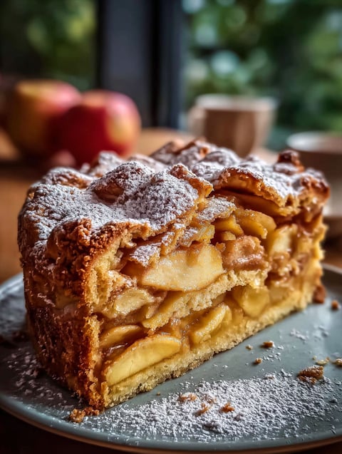 A slice of apple pie cake with powdered sugar on top.