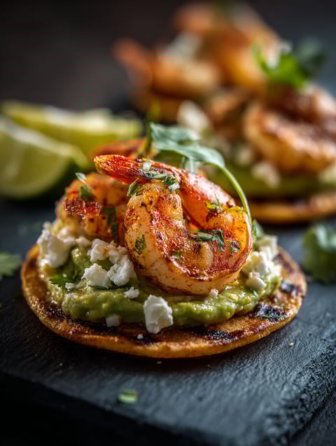 Grilled Shrimp Tostadas with Creamy Avocado.
