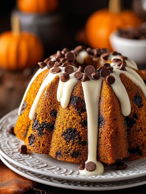 A bundt cake with chocolate chips and white frosting.