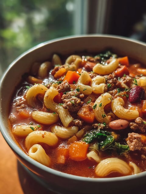 A bowl of pasta e fagioli.