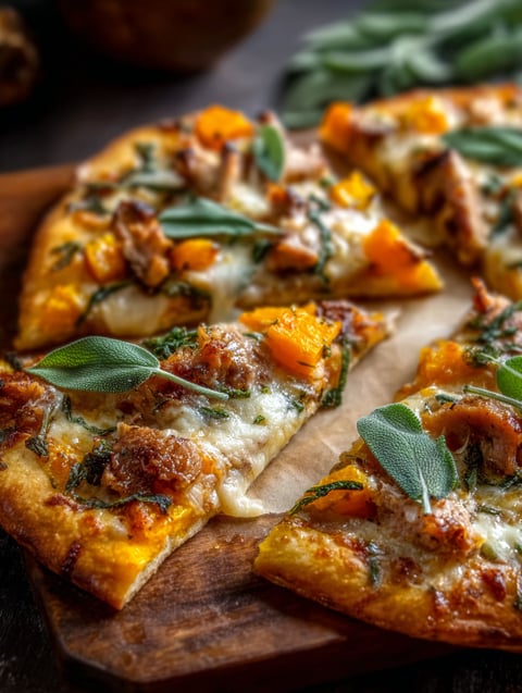 A pizza with pumpkin, turkey, and sage on a wooden board.