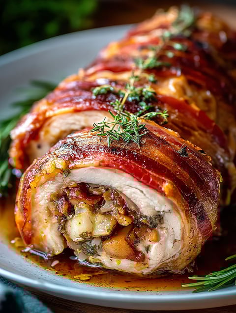 A delicious looking Prosciutto Wrapped Stuffed Turkey.