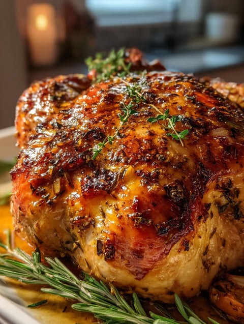 A close up of a cooked turkey with herbs on top.