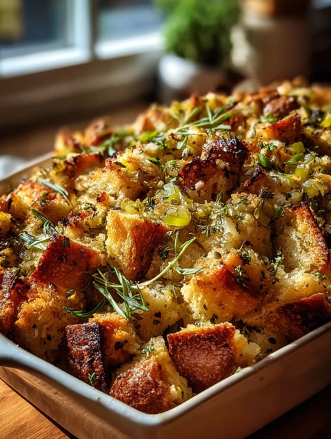 A dish of bread stuffing with herbs on top.
