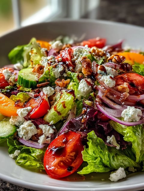 A salad with tomatoes, cucumbers, and onions.