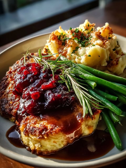 A plate of food with a casserole, mashed potatoes, and green beans.