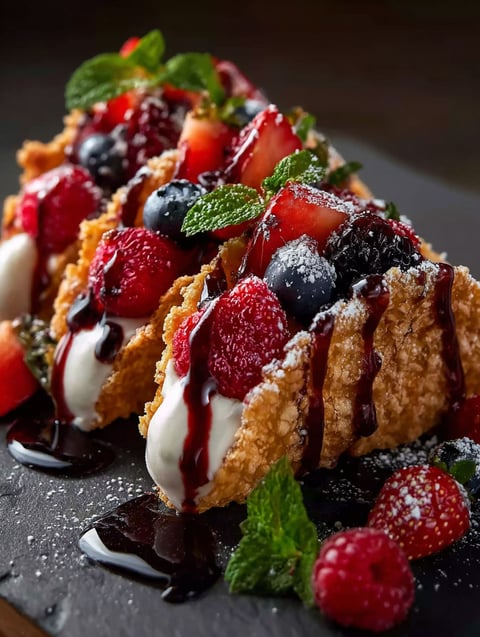 A close up of a dessert with berries and chocolate.