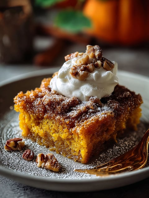 A slice of pumpkin cake with whipped cream on top.