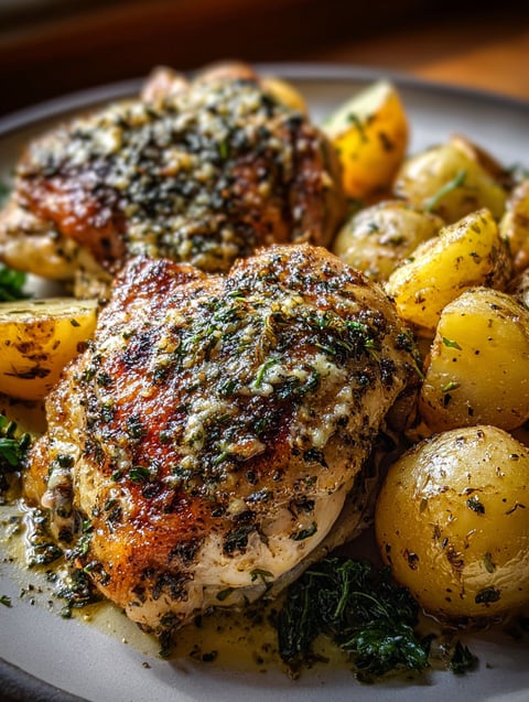 A plate of chicken and potatoes with garlic and Parmesan cheese.