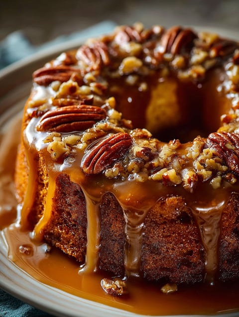 A slice of pecan cake with caramel glaze.