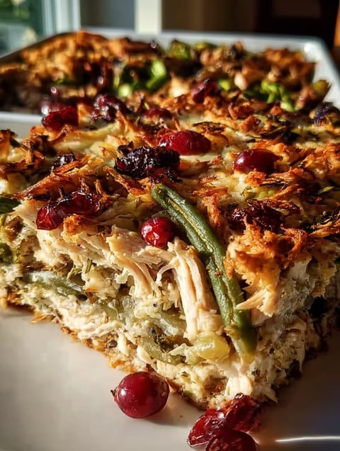 A casserole with green beans and cherries on top.