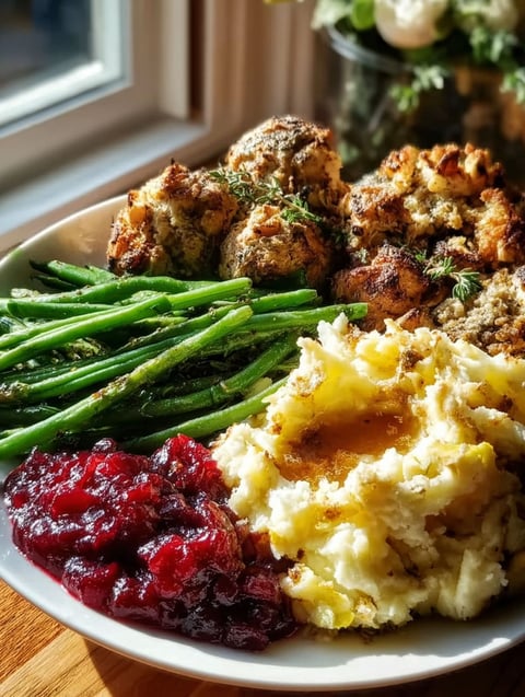 A plate of food with green beans, mashed potatoes, and cranberry sauce.