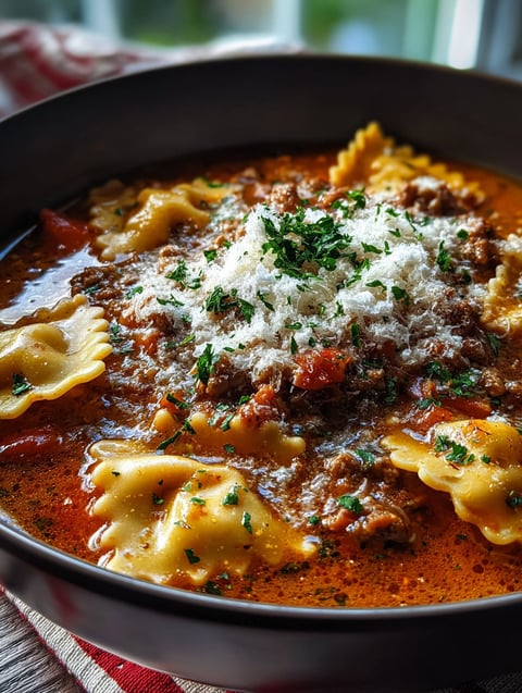 A bowl of crock pot lasagna soup.