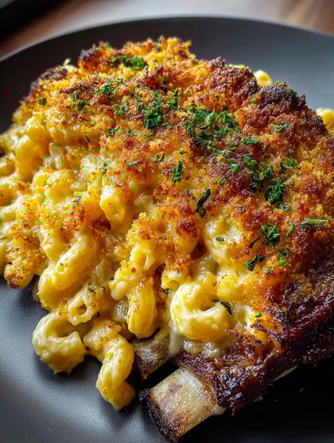 A rib cage with mac and cheese on it.