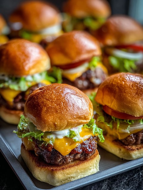 A tray of burger sliders with lettuce and tomato.