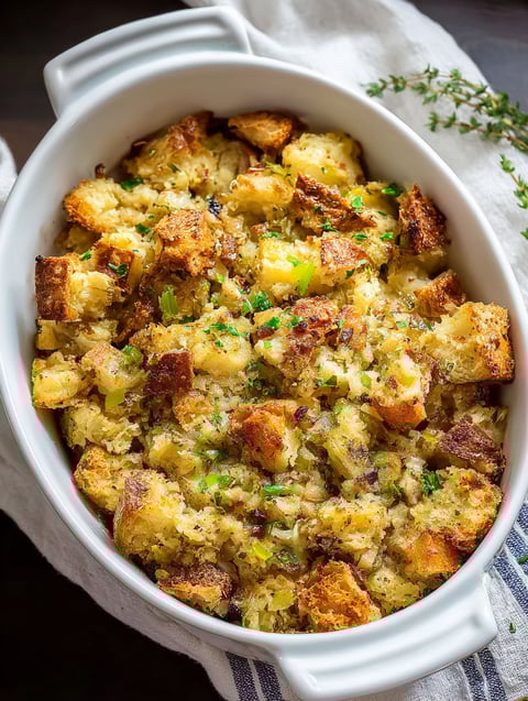 A white bowl filled with Amish potato stuffing.