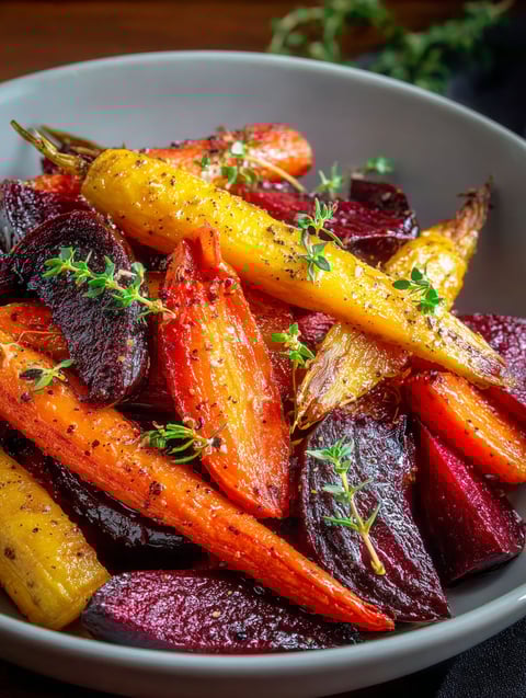 A bowl of honey roasted carrots and beets.