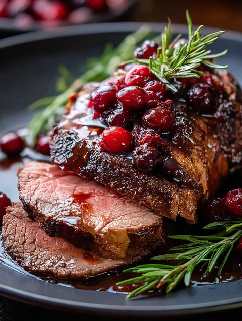 A roast beef dish with cranberries and balsamic glaze.