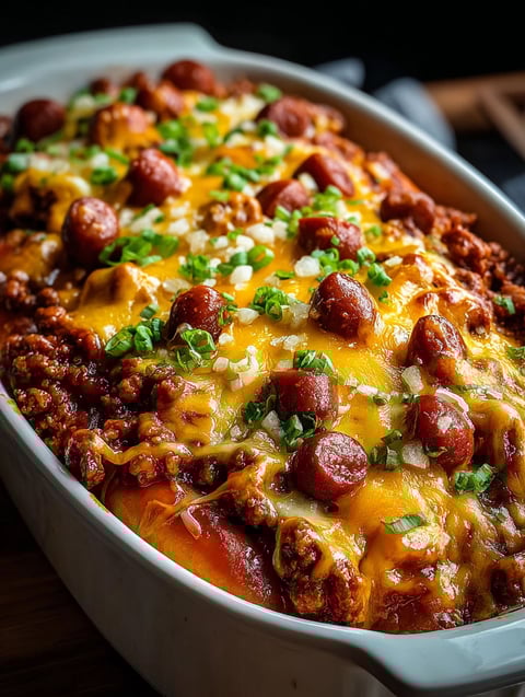 A bowl of chili cheese dog casserole.