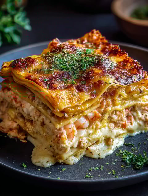 A delicious seafood lasagna on a plate.