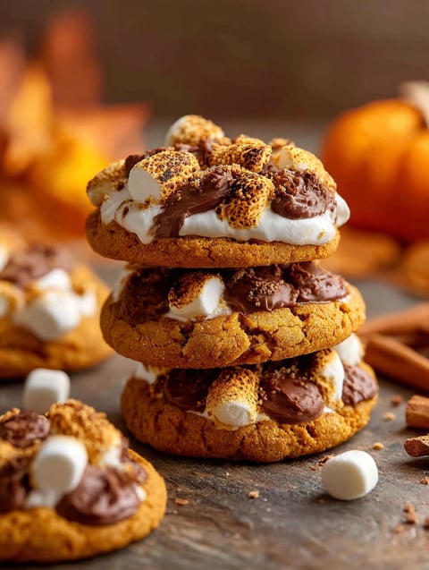 Pumpkin S'mores Cookies stacked on a table.