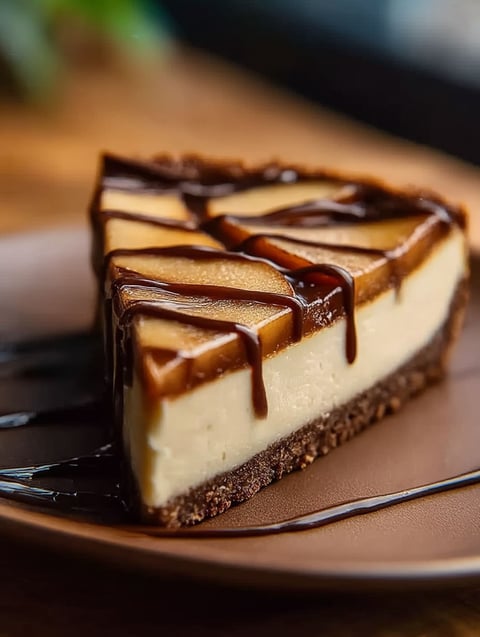 A slice of apple butter cheesecake with chocolate drizzle.