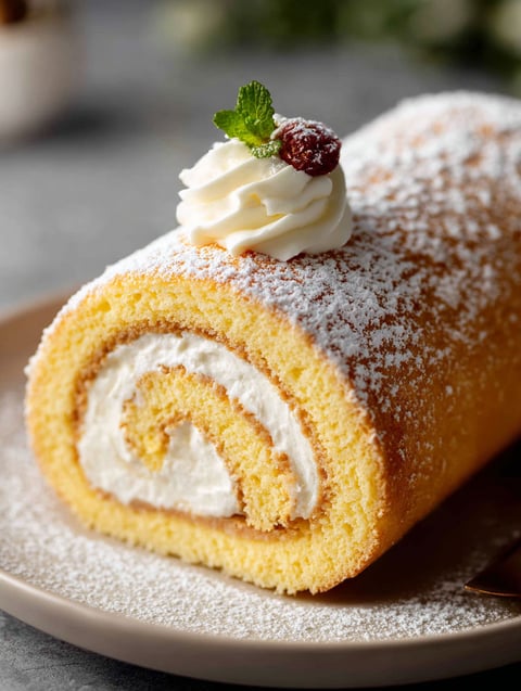 A vanilla swiss roll cake with white icing and a green mint leaf on top.
