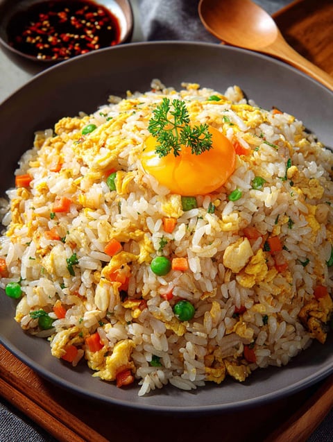 A bowl of Chinese egg fried rice.
