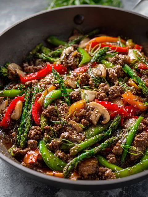 A stir fry with meat and vegetables.