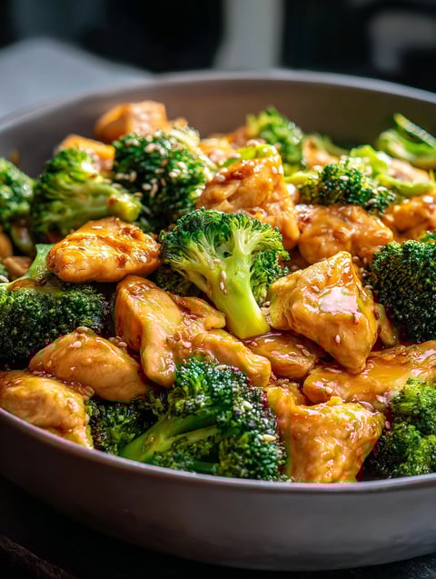 A bowl of chicken and broccoli stir-fry.