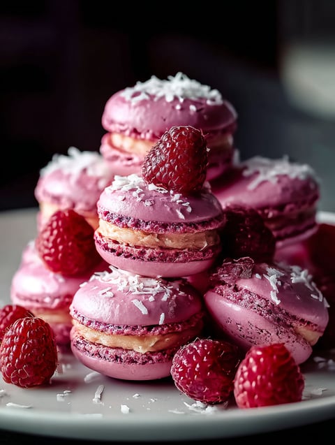 A stack of pink macarons with white coconut topping and a strawberry on top.