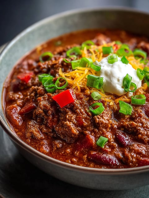 A bowl of chili with cheese and green onions.