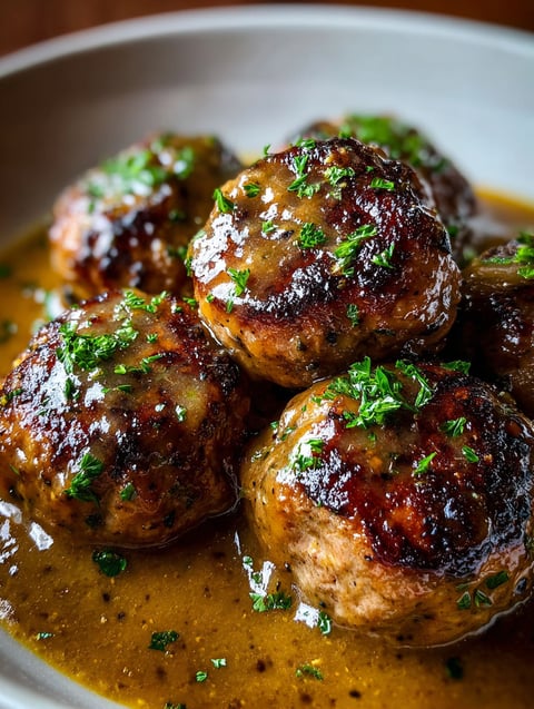 Stuffed meatballs in a brown sauce.