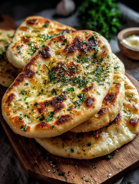 A stack of garlic and butter flatbreads.