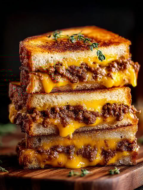 Three stacked grilled cheese sandwiches with ground beef.