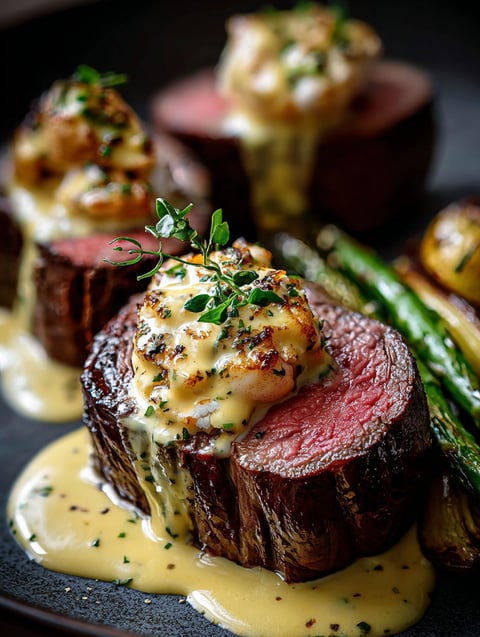 A close up of a crab-stuffed beef tenderloin with Béarnaise sauce.