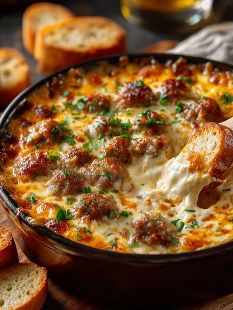 A bowl of hot sausage beer cheese dip.