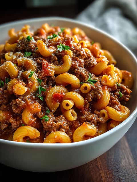 A bowl of beefaroni with cheese and tomato sauce.