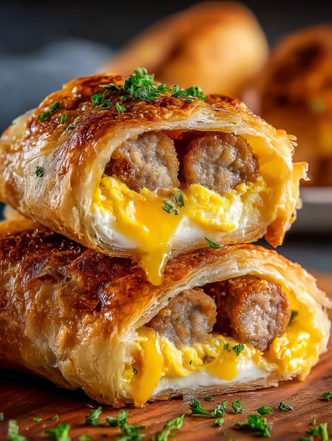 A breakfast roll-up with sausage, egg, and cheese.
