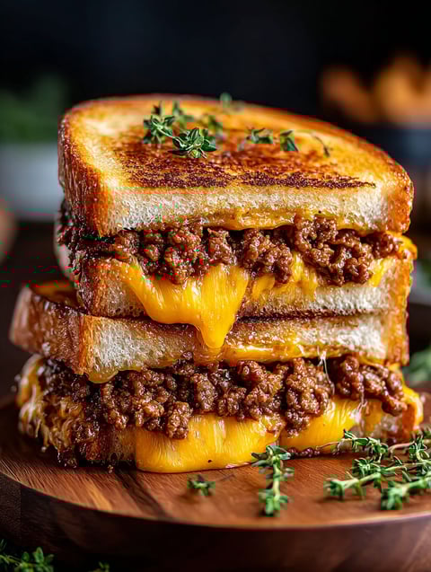A grilled cheese sandwich with ground beef.