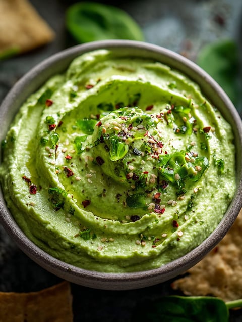 A bowl of creamy spinach avocado grinch dip.