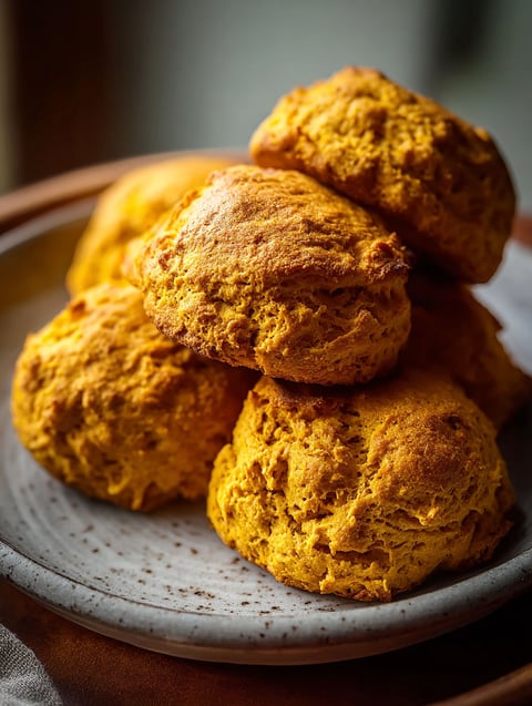 A stack of fluffy spiced pumpkin biscuits.