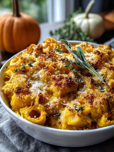 A bowl of cheesy pumpkin pasta bake.