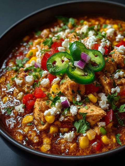 A bowl of chili with chicken and corn.