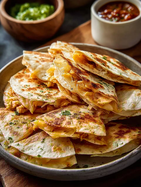 A plate of mini chicken quesadillas.